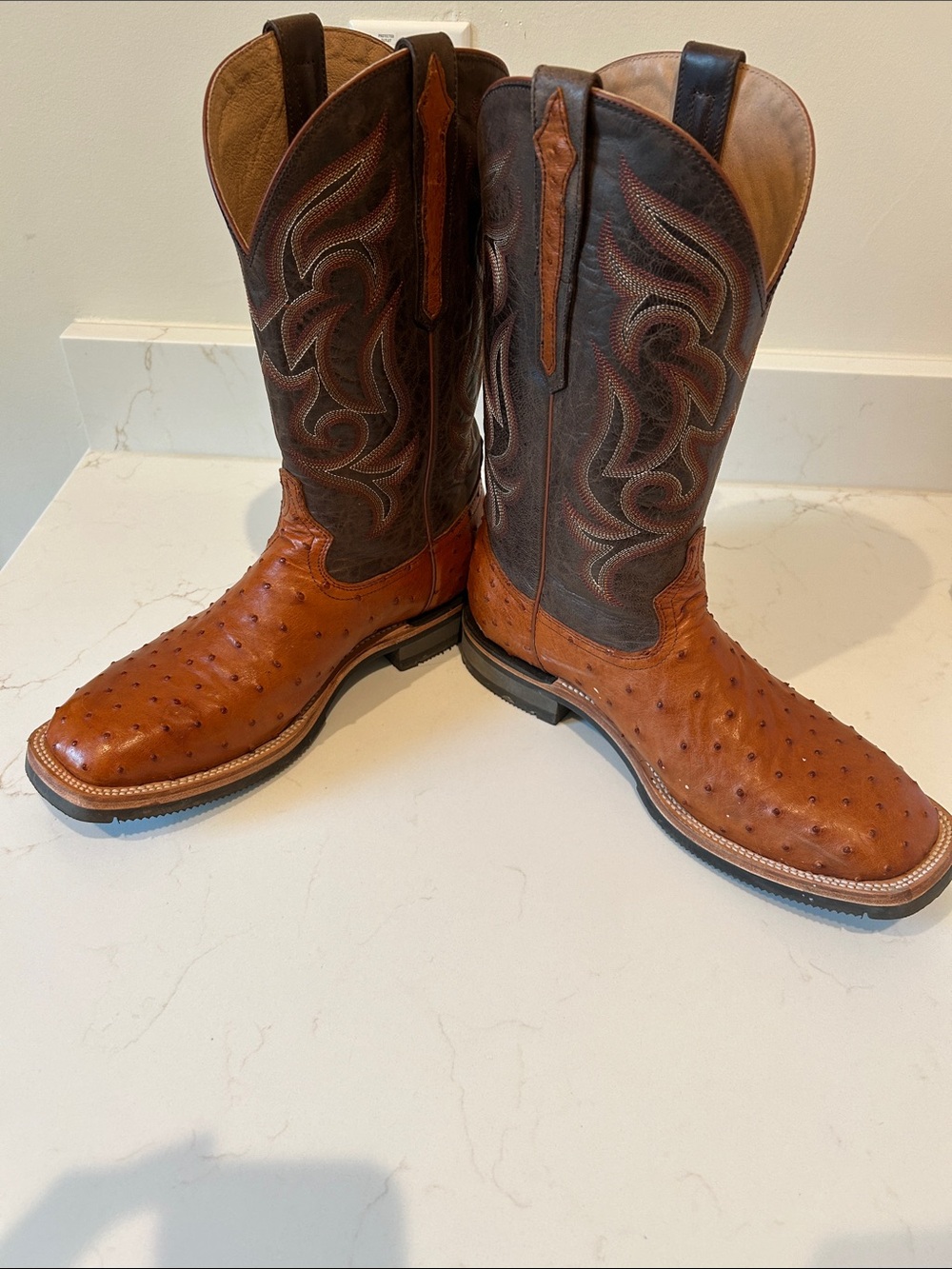 Lucchese Two-Tone Brown Ostrich & Dark Brown Western Boots - Picture 4 of 5